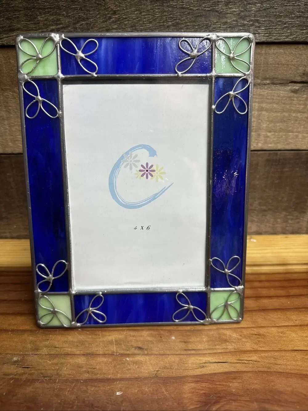 Blue & Green Slag Stained Leaded Glass Frame Holds 4x6” Photo ~ Free Standing